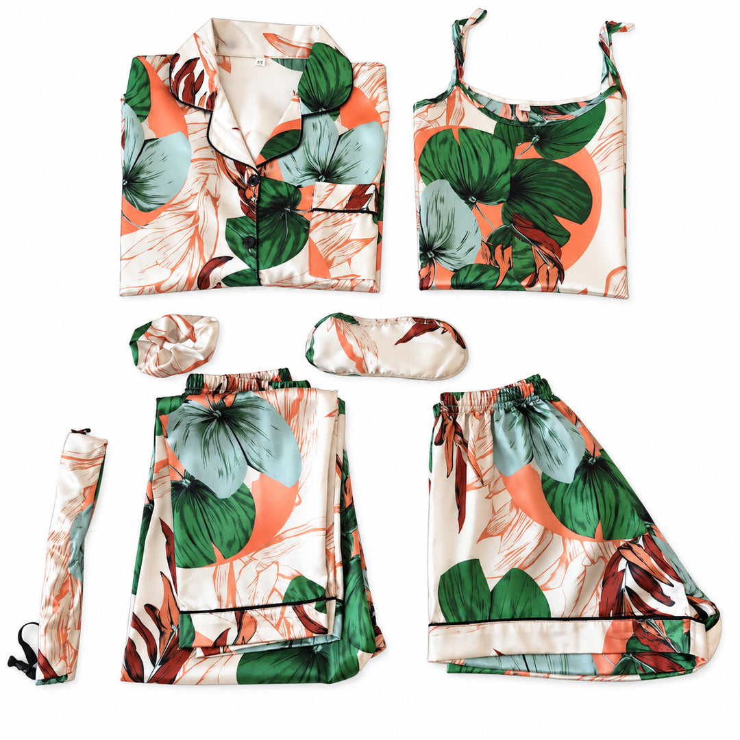 Mavie - 7-teiliges Damen-Pyjama-Set in Satinoptik