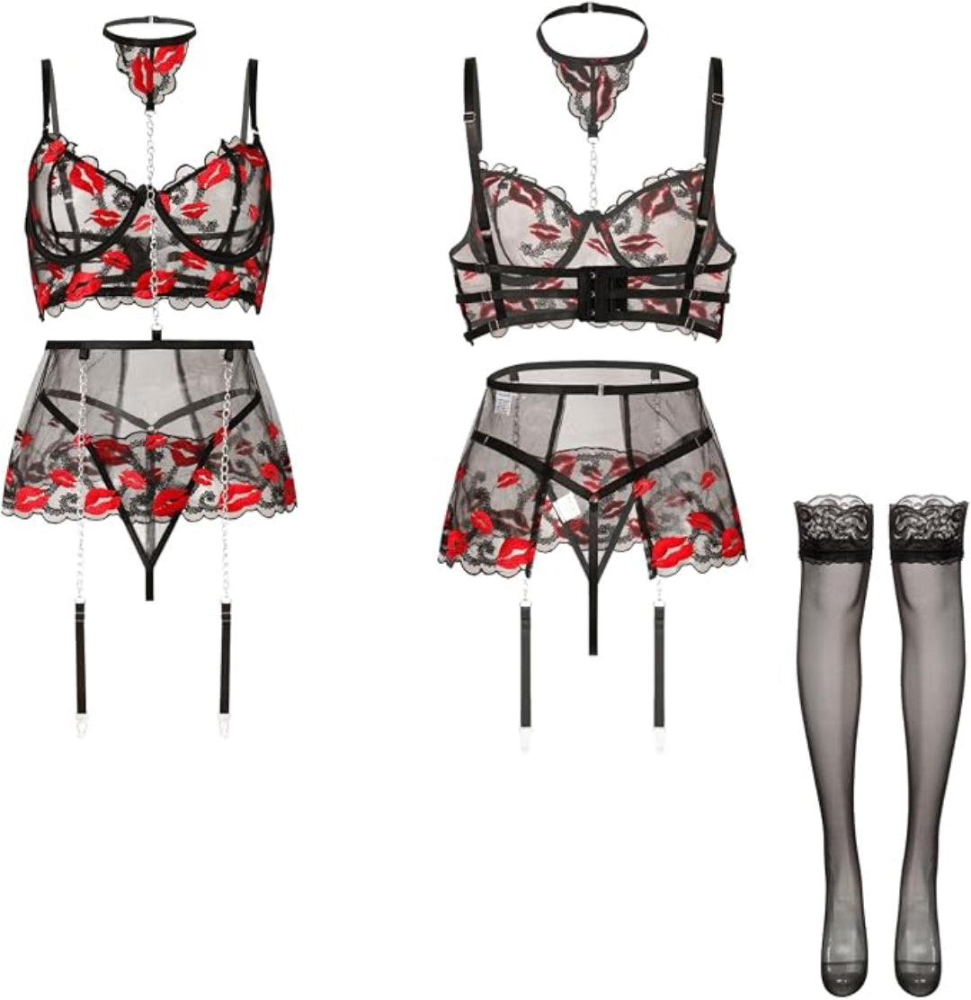 Flesuah Isadora - 4-teiliges Dessous-Set mit Mesh & Stickerei