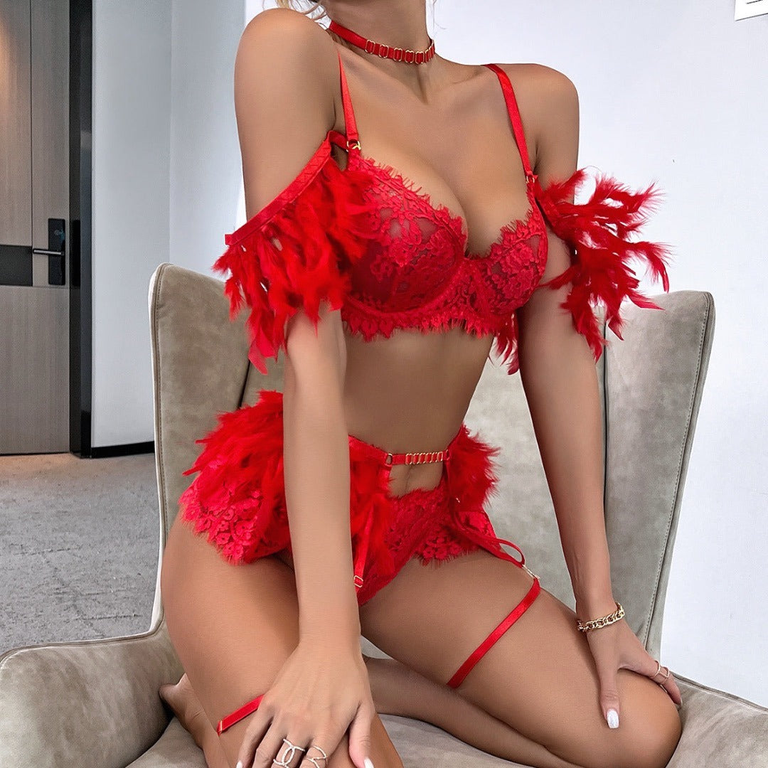 Flesuah Evelisse - 3-teiliges Dessous-Set mit Spitze & Federdetails