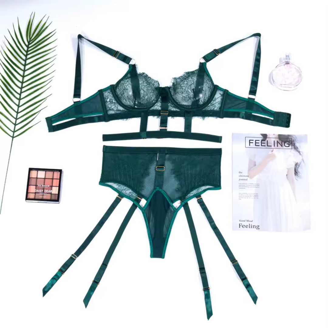 Flesuah Naéla - 3-teiliges Dessous-Set mit Spitze & Straps