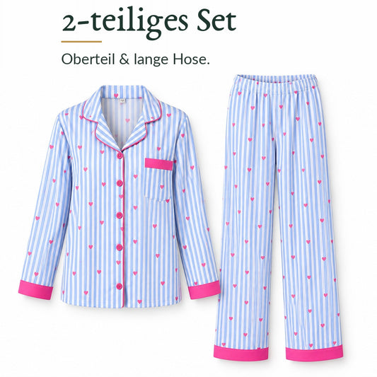 Lovelle – Damen Pyjama mit Streifen & Herzprint