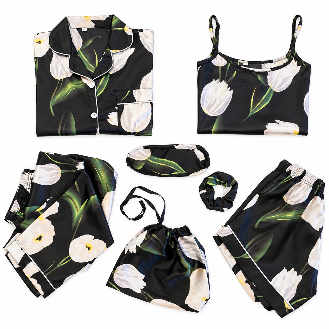 Mavie - 7-teiliges Damen-Pyjama-Set in Satinoptik