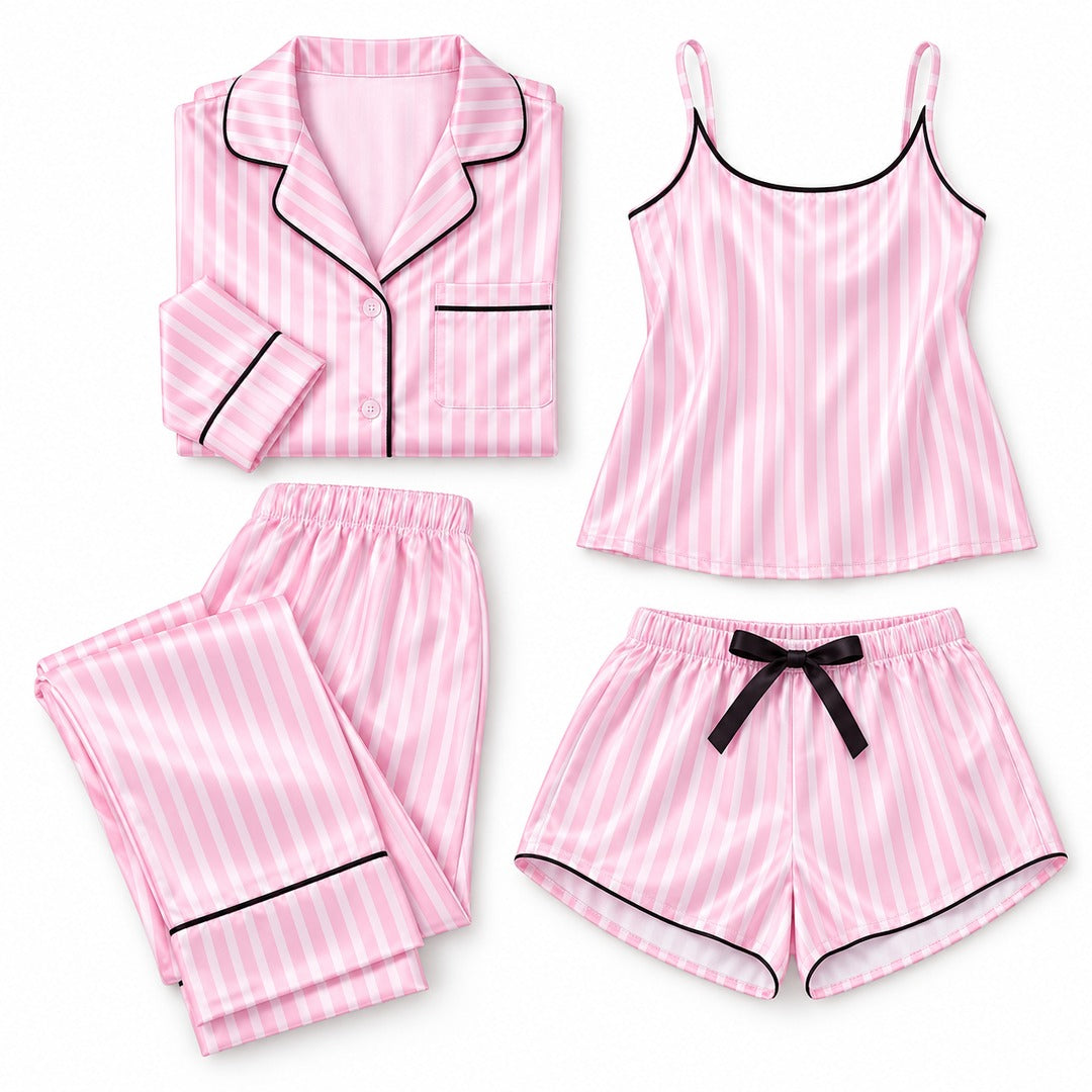 Flesuah Viktoria - 4-teiliges Damen Pyjama-Set in Satinoptik + Extras inklusive