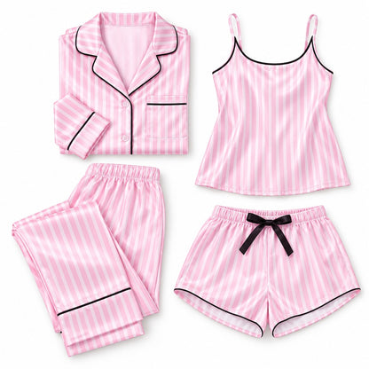 Flesuah Viktoria - 4-teiliges Damen Pyjama-Set in Satinoptik + Extras inklusive
