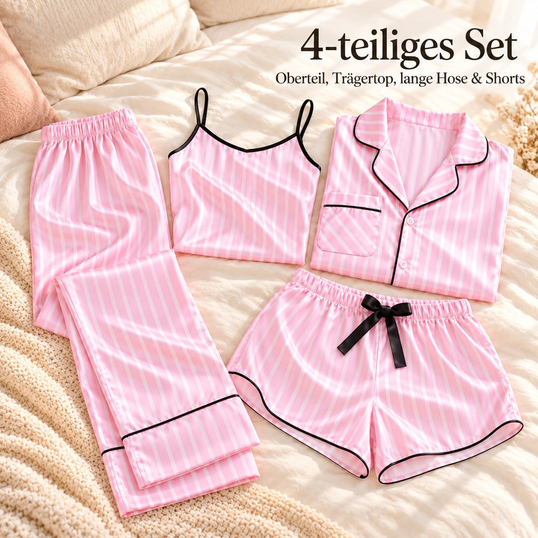Flesuah Viktoria - 4-teiliges Damen Pyjama-Set in Satinoptik + Extras inklusive
