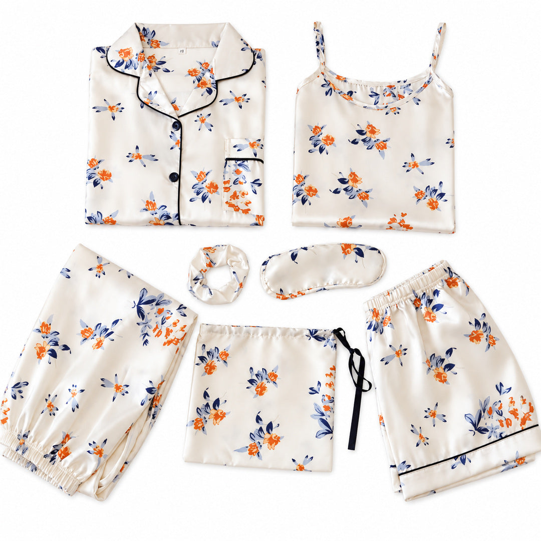 Mavie - 7-teiliges Damen-Pyjama-Set in Satinoptik