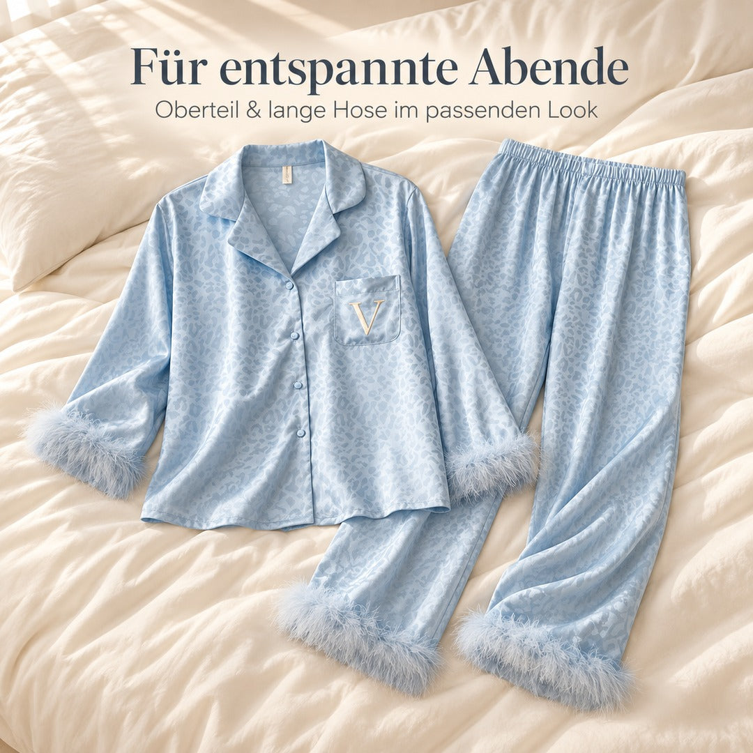 Flesuah Valeria – Damen Pyjama-Set in Satinoptik mit Federdetails