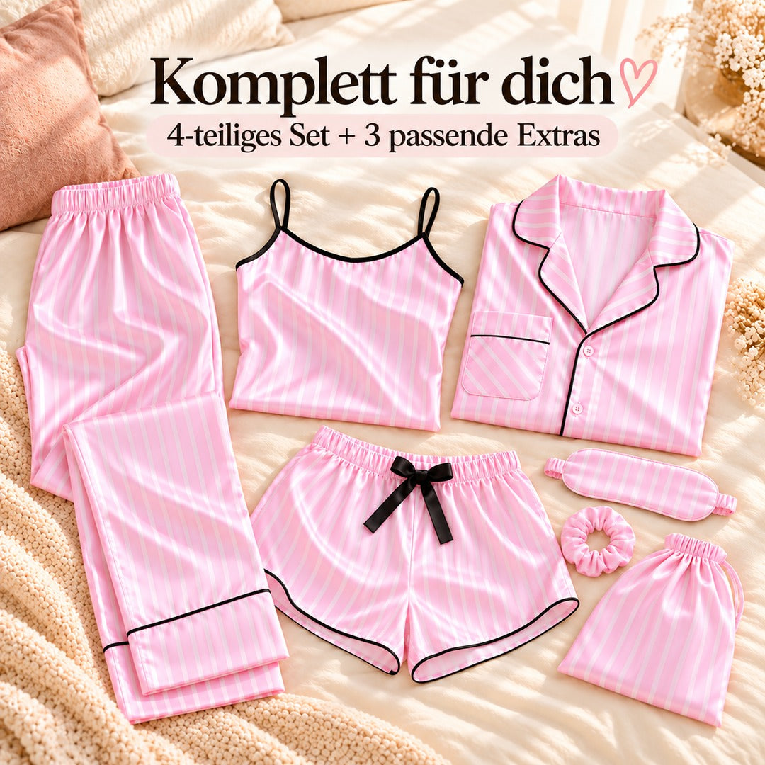 Flesuah Viktoria - 4-teiliges Damen Pyjama-Set in Satinoptik + Extras inklusive