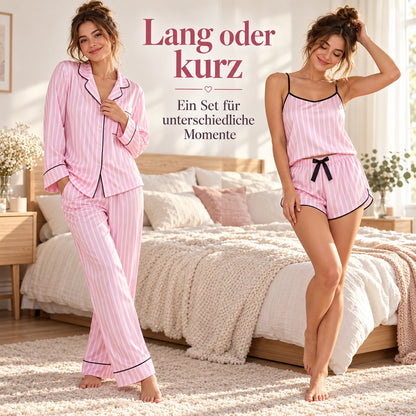 Flesuah Viktoria - 4-teiliges Damen Pyjama-Set in Satinoptik + Extras inklusive