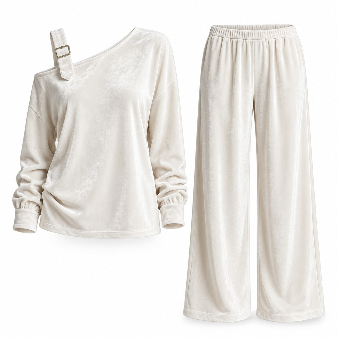 Flesuah Alina – Weiches Damen Lounge-Set in Veloursoptik mit One-Shoulder-Detail & weiter Hose