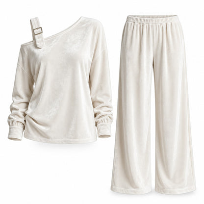 Flesuah Alina – Weiches Damen Lounge-Set in Veloursoptik mit One-Shoulder-Detail & weiter Hose
