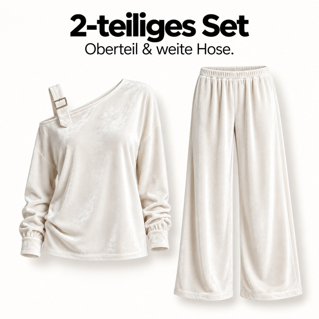 Flesuah Alina – Weiches Damen Lounge-Set in Veloursoptik mit One-Shoulder-Detail & weiter Hose