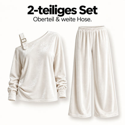 Flesuah Alina – Weiches Damen Lounge-Set in Veloursoptik mit One-Shoulder-Detail & weiter Hose