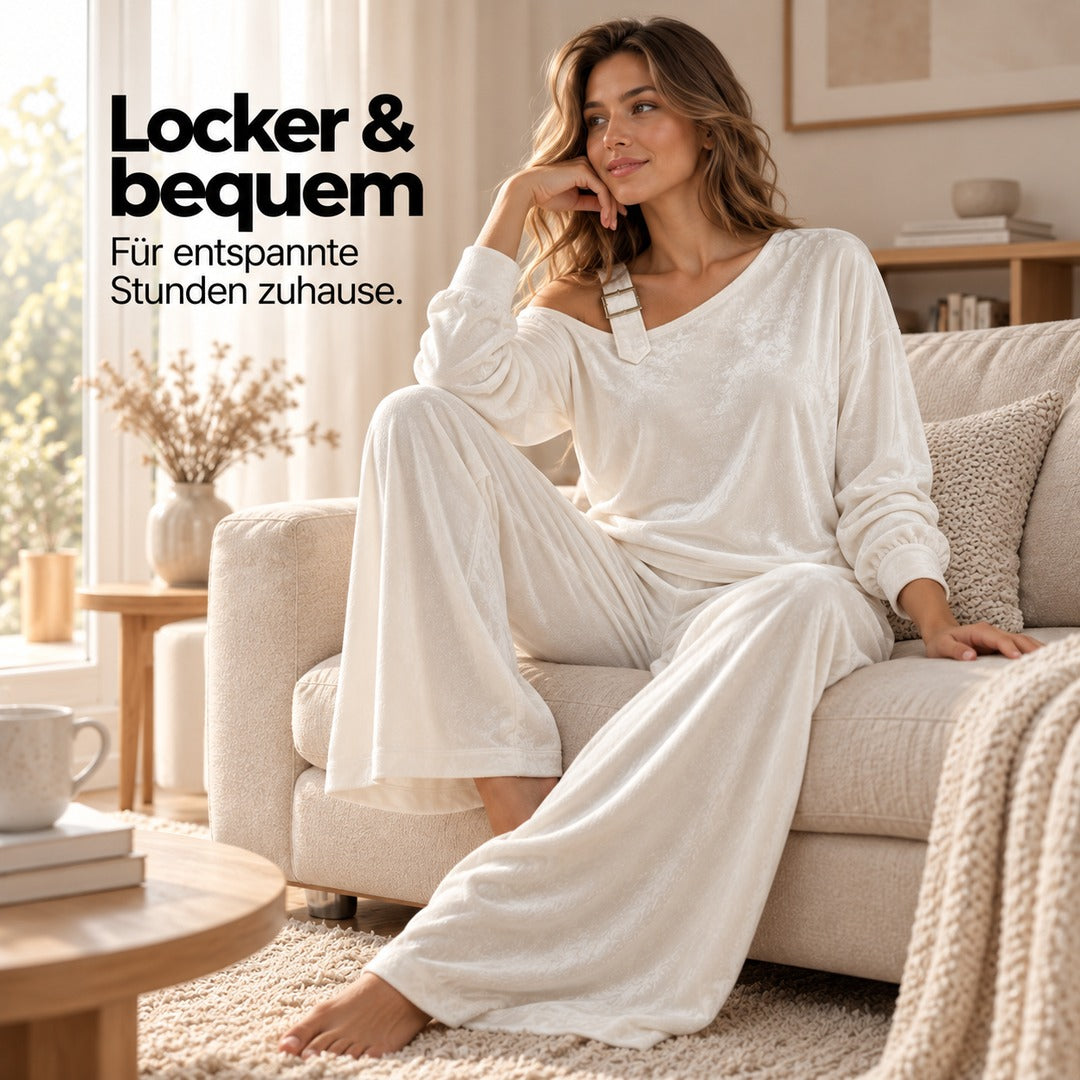 Flesuah Alina – Weiches Damen Lounge-Set in Veloursoptik mit One-Shoulder-Detail & weiter Hose