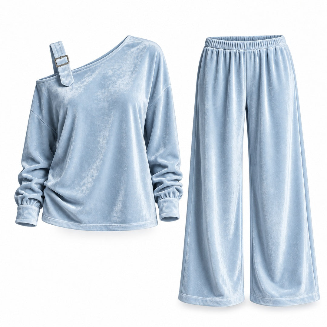 Flesuah Alina – Weiches Damen Lounge-Set in Veloursoptik mit One-Shoulder-Detail & weiter Hose