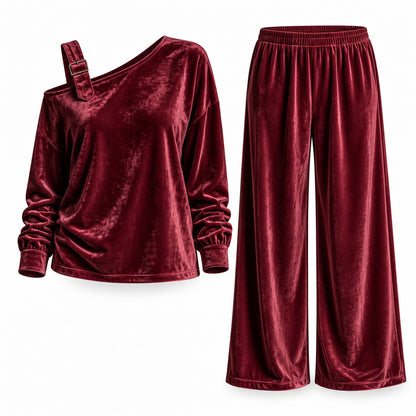Flesuah Alina – Weiches Damen Lounge-Set in Veloursoptik mit One-Shoulder-Detail & weiter Hose