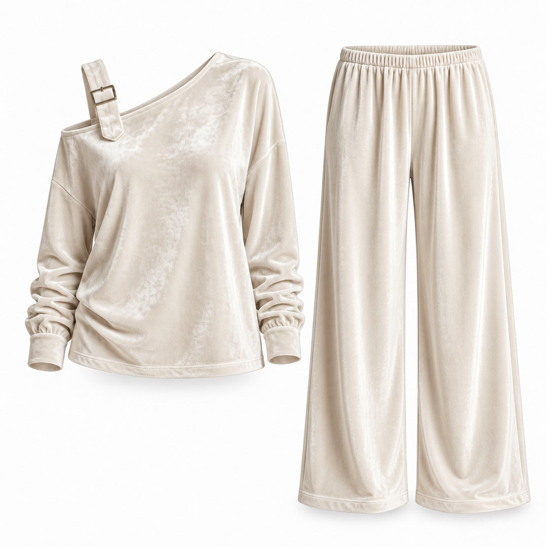 Flesuah Alina – Weiches Damen Lounge-Set in Veloursoptik mit One-Shoulder-Detail & weiter Hose