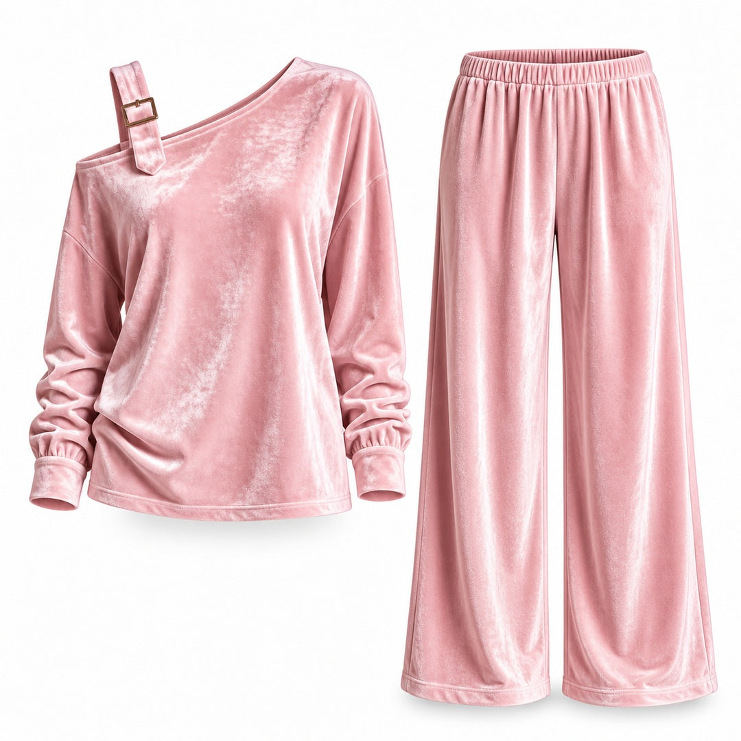 Flesuah Alina – Weiches Damen Lounge-Set in Veloursoptik mit One-Shoulder-Detail & weiter Hose