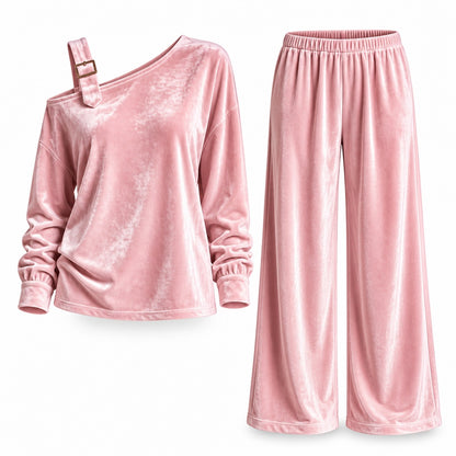 Flesuah Alina – Weiches Damen Lounge-Set in Veloursoptik mit One-Shoulder-Detail & weiter Hose