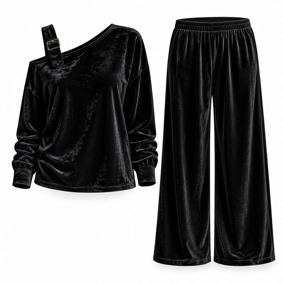 Flesuah Alina – Weiches Damen Lounge-Set in Veloursoptik mit One-Shoulder-Detail & weiter Hose