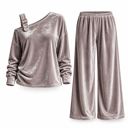 Flesuah Alina – Weiches Damen Lounge-Set in Veloursoptik mit One-Shoulder-Detail & weiter Hose