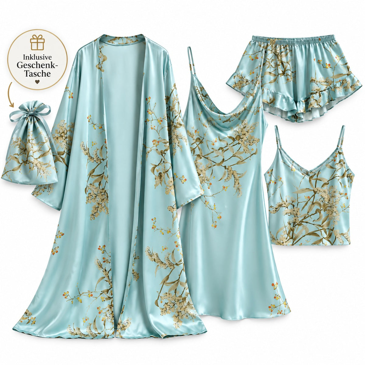 Flesuah Aurelia – 4-teiliges Satinoptik-Pyjama-Set + Tasche geschenkt