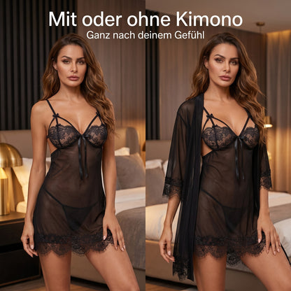 Flesuah Aveline - 3-teiliges Nachtwäsche-Set mit Spitzenkimono