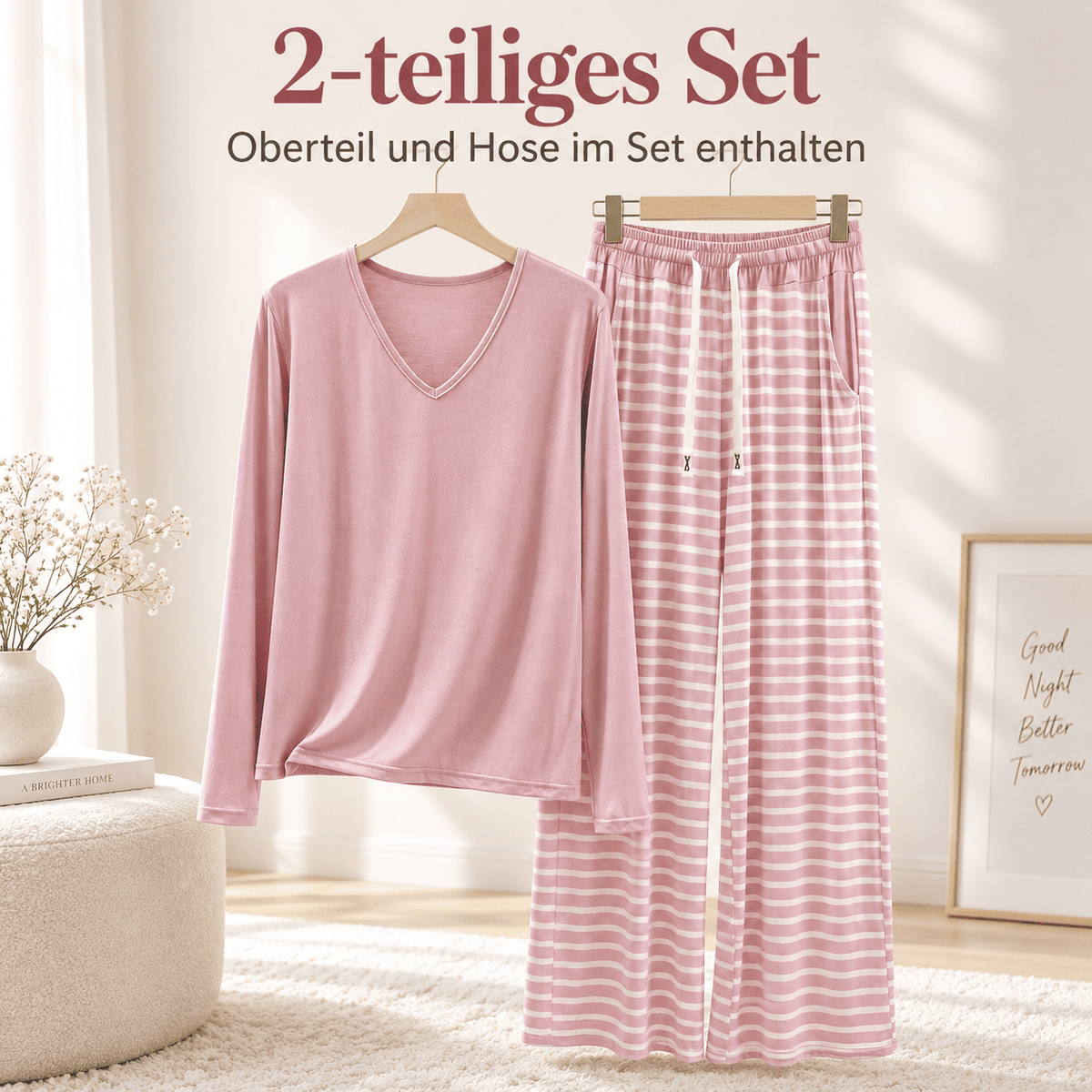 Flesuah Nera – Damen Pyjama-Set aus Modal mit V-Ausschnitt & weiter Streifenhose
