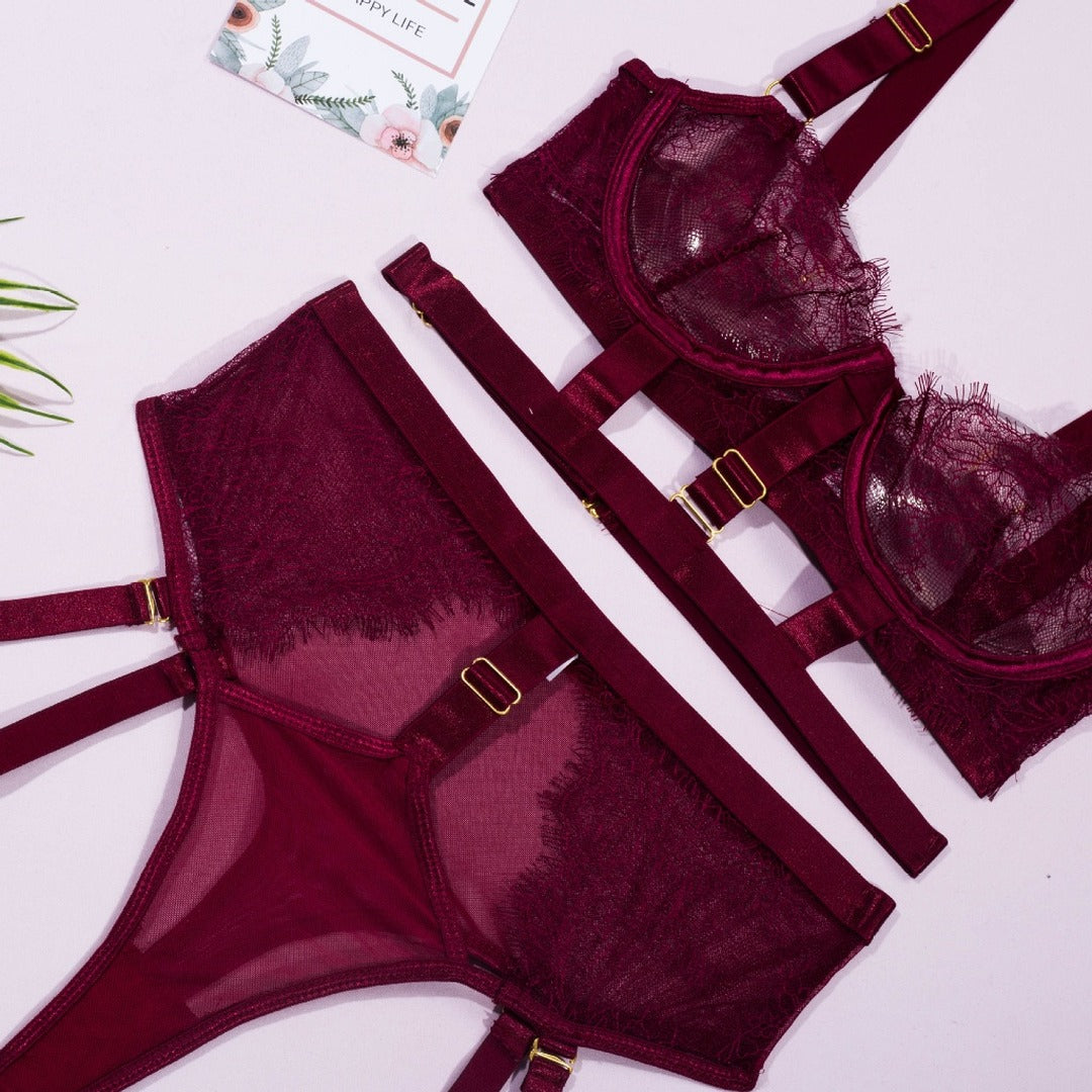 Flesuah Naéla - 3-teiliges Dessous-Set mit Spitze & Straps