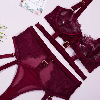 Flesuah Naéla - 3-teiliges Dessous-Set mit Spitze & Straps