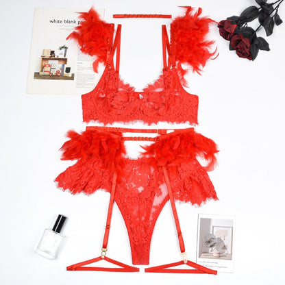 Flesuah Evelisse - 3-teiliges Dessous-Set mit Spitze & Federdetails