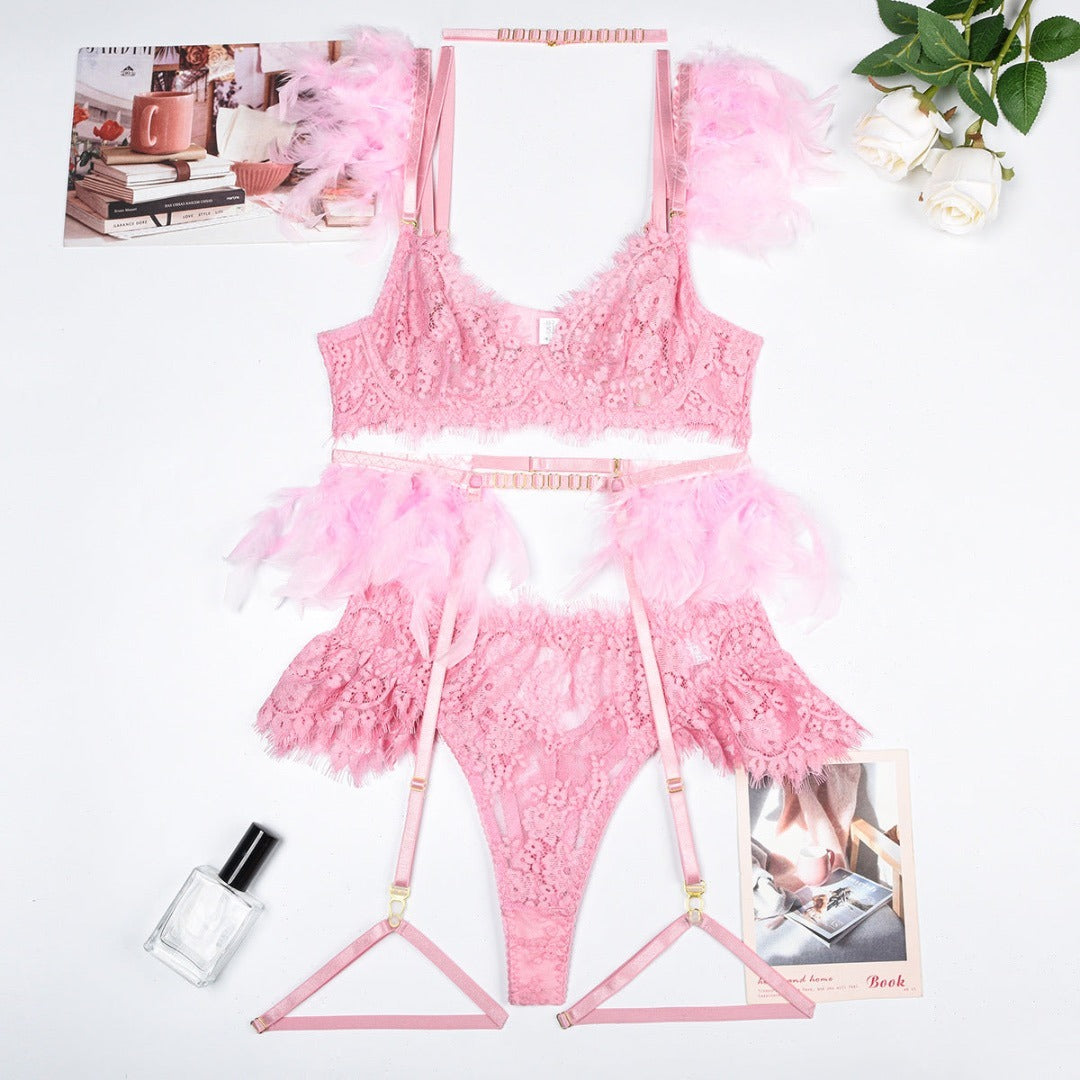 Flesuah Evelisse - 3-teiliges Dessous-Set mit Spitze & Federdetails