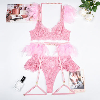 Flesuah Evelisse - 3-teiliges Dessous-Set mit Spitze & Federdetails