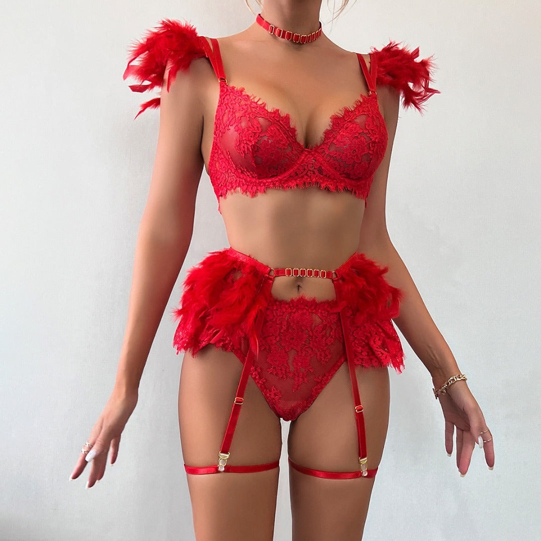 Flesuah Evelisse - 3-teiliges Dessous-Set mit Spitze & Federdetails
