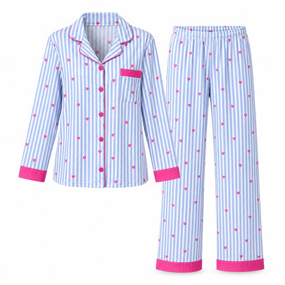 Flesuah Lovelle – Damen Pyjama-Set mit Streifen, Herzprint & langer Hose