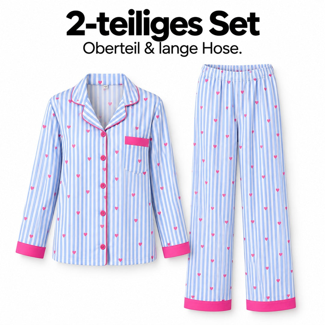 Flesuah Lovelle – Damen Pyjama-Set mit Streifen, Herzprint & langer Hose