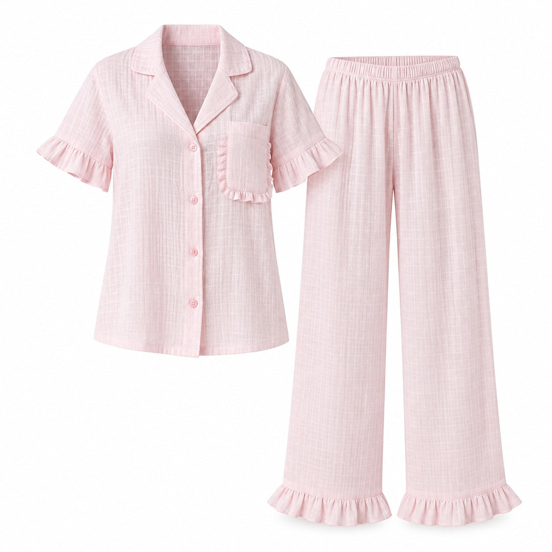 Flesuah Rosalie – Damen Pyjama-Set aus Baumwolle mit Rüschen & langer Hose