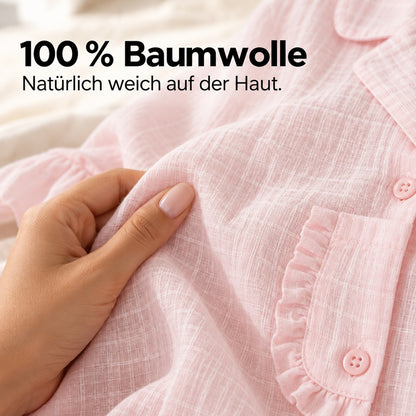 Flesuah Rosalie – Damen Pyjama-Set aus Baumwolle mit Rüschen & langer Hose