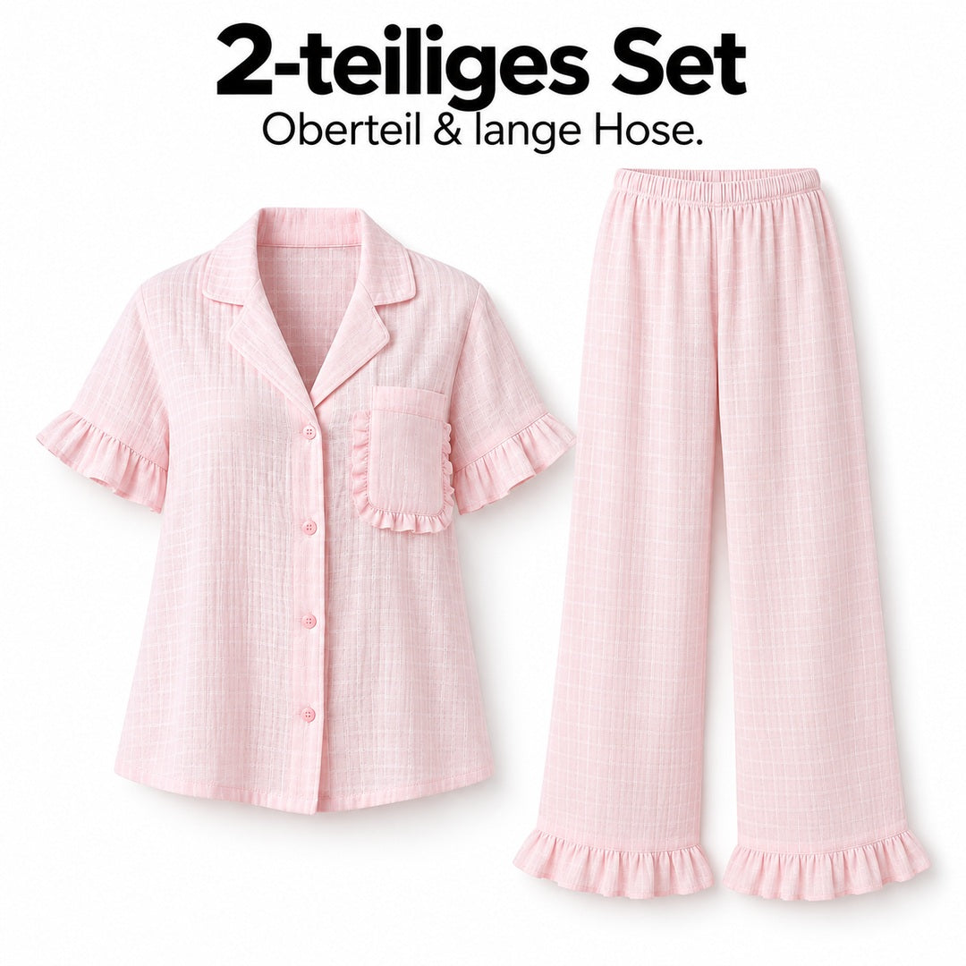 Flesuah Rosalie – Damen Pyjama-Set aus Baumwolle mit Rüschen & langer Hose