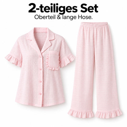 Flesuah Rosalie – Damen Pyjama-Set aus Baumwolle mit Rüschen & langer Hose