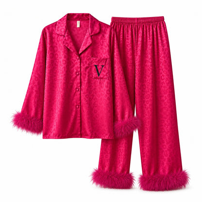 Flesuah Valeria – Damen Pyjama-Set in Satinoptik mit Federdetails