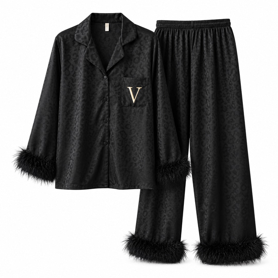 Flesuah Valeria – Damen Pyjama-Set in Satinoptik mit Federdetails