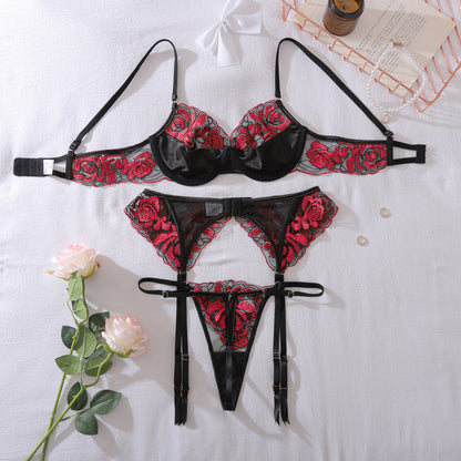Flesuah Rafella – 3-teiliges Dessous-Set mit Rosenstickerei & Straps
