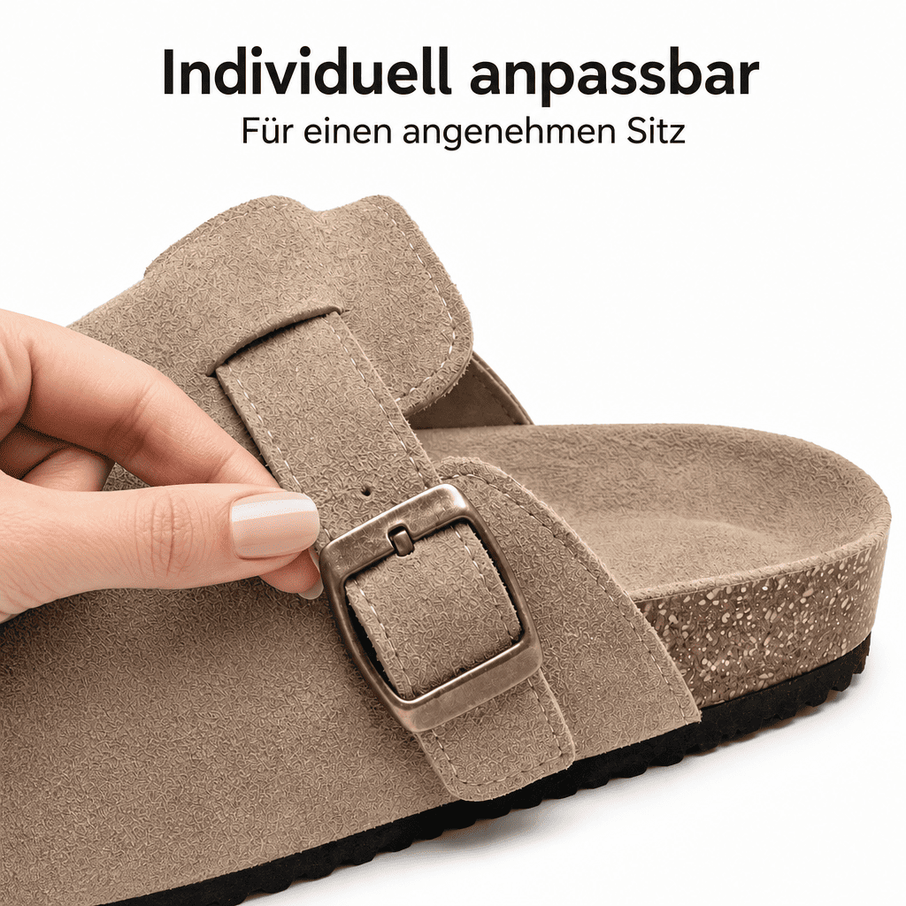 Flesuah Como – Bequeme Pantoffel mit Schnalle & Korkfußbett