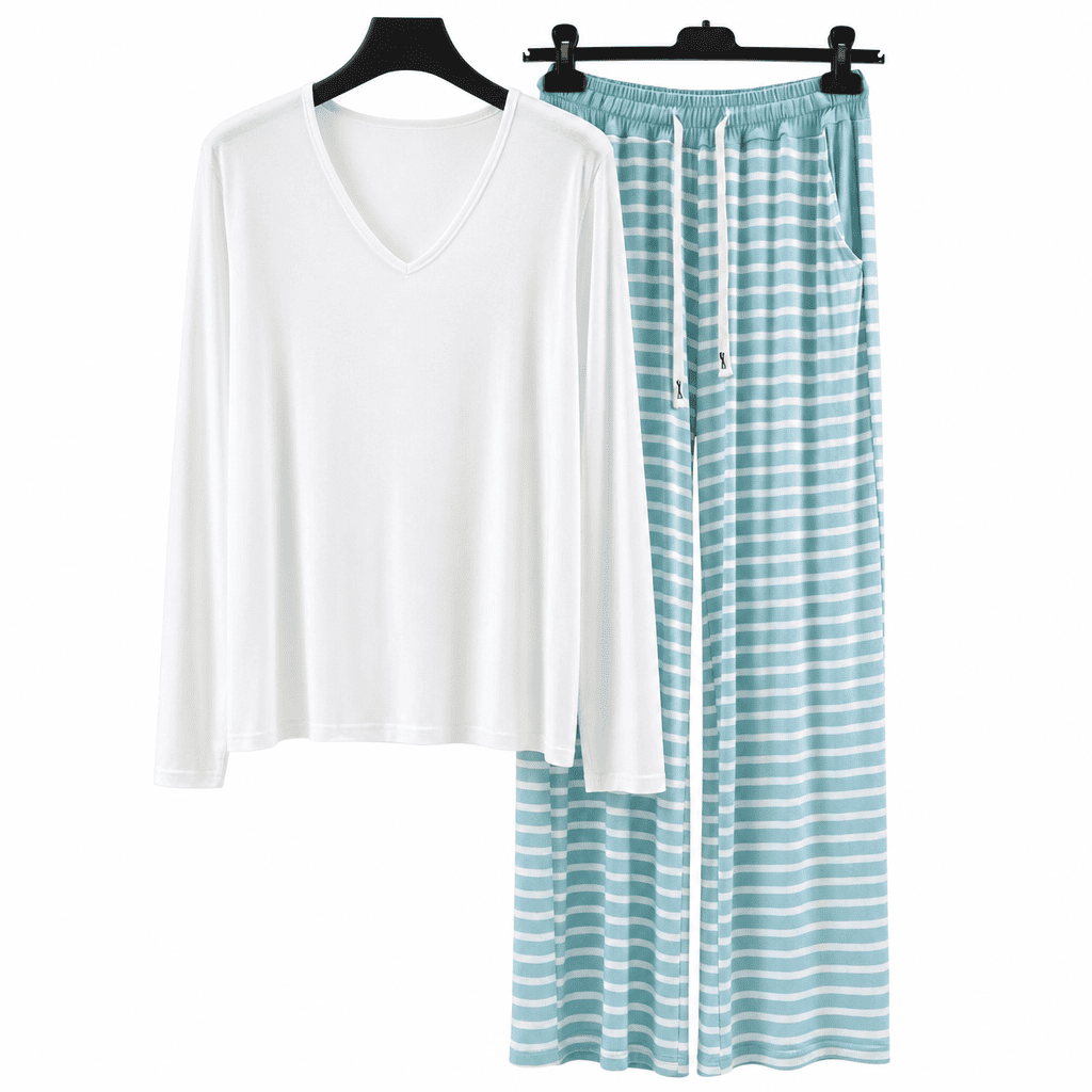 Flesuah Nera – Damen Pyjama-Set aus Modal mit V-Ausschnitt & weiter Streifenhose