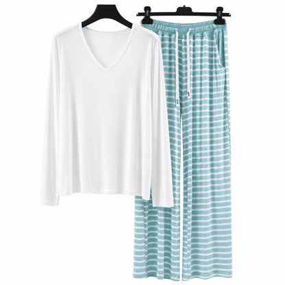 Flesuah Nera – Damen Pyjama-Set aus Modal mit V-Ausschnitt & weiter Streifenhose