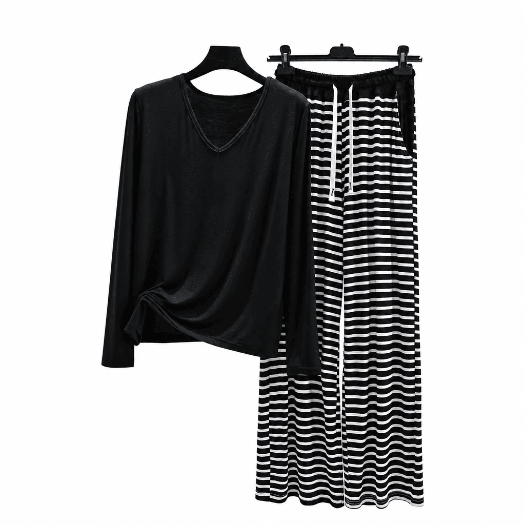 Flesuah Nera – Damen Pyjama-Set aus Modal mit V-Ausschnitt & weiter Streifenhose