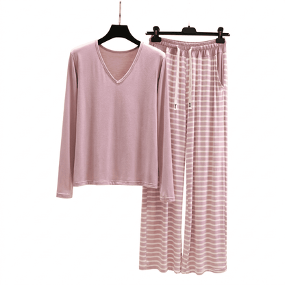 Flesuah Nera – Damen Pyjama-Set aus Modal mit V-Ausschnitt & weiter Streifenhose