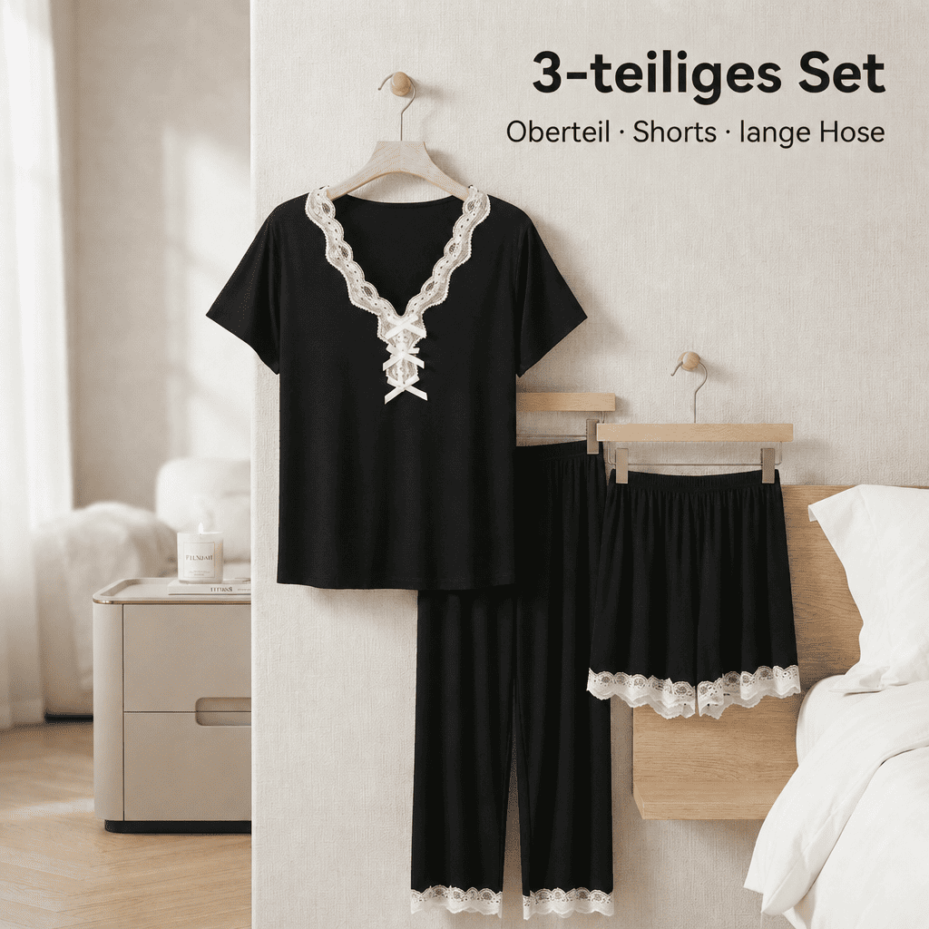 Flesuah Elora – 3-teiliges Damen Pyjama-Set aus Modal mit Spitzendetails