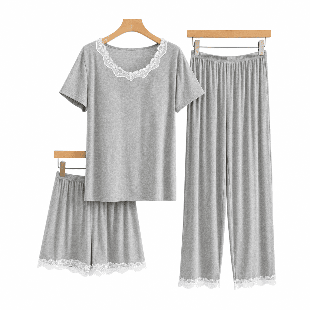 Flesuah Elora – 3-teiliges Damen Pyjama-Set aus Modal mit Spitzendetails